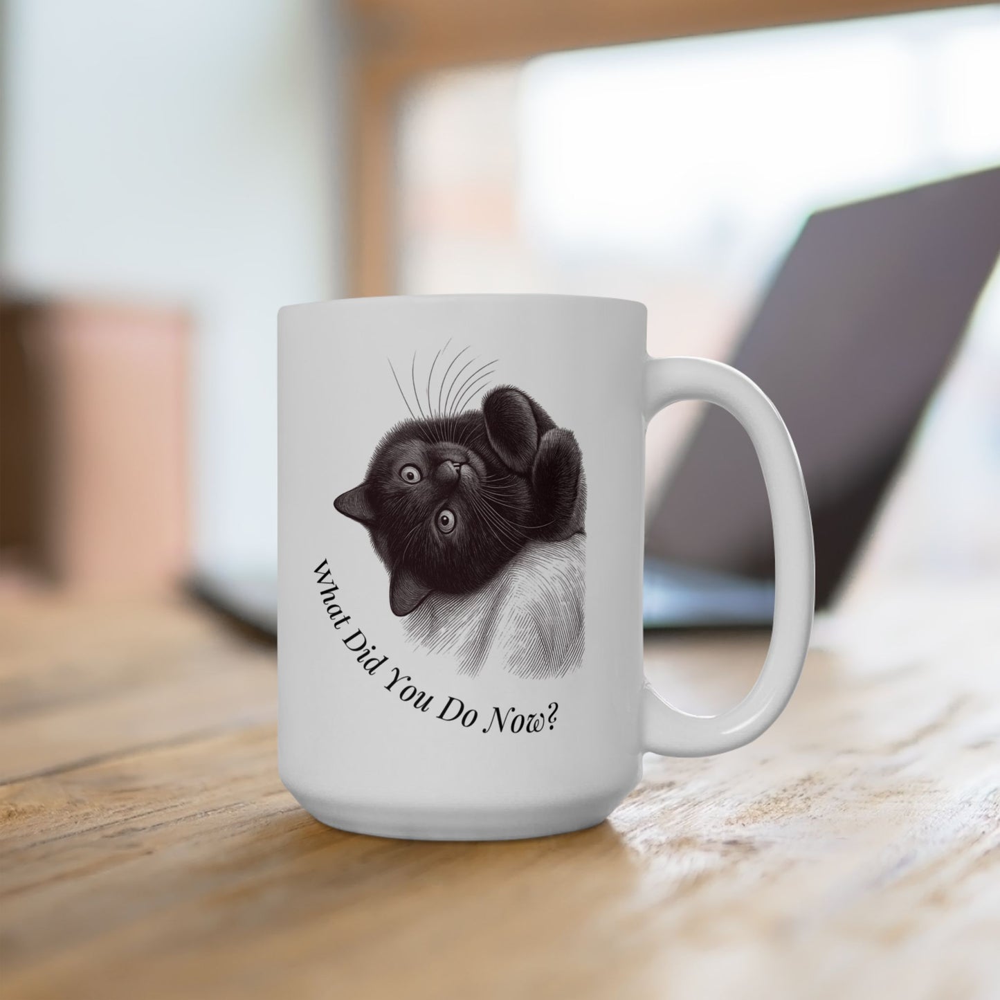 Taza de café Gato Negro | Regalo divertido para amantes de los gatos | "¿Qué hiciste ahora?"