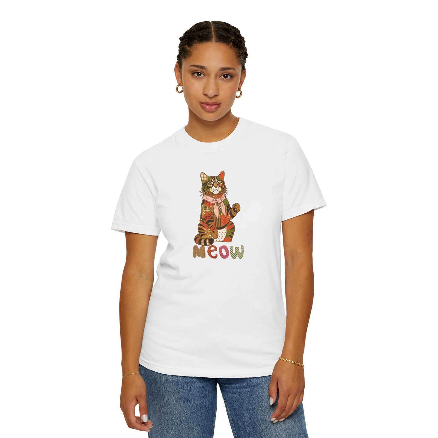 Cat Shirt – Patchwork Cat with Glasses Tee, "Meow" Cat Lover Gift