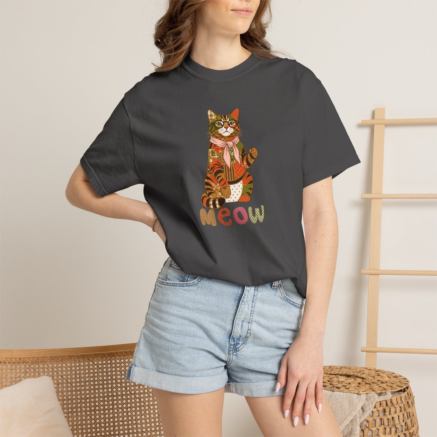 Cat Shirt – Patchwork Cat with Glasses Tee, "Meow" Cat Lover Gift
