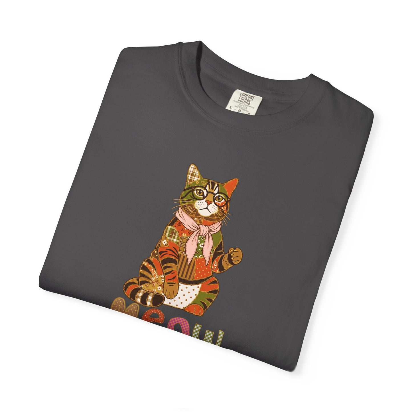 Cat Shirt – Patchwork Cat with Glasses Tee, "Meow" Cat Lover Gift