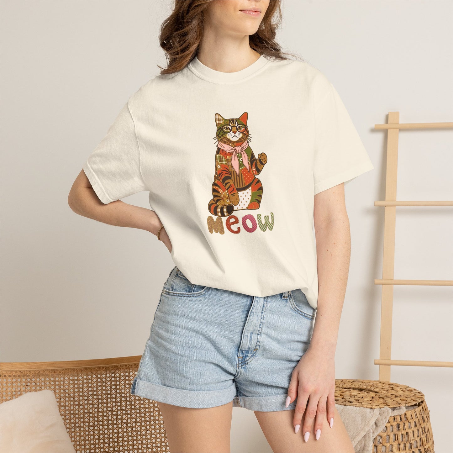 Cat Shirt – Patchwork Cat with Glasses Tee, "Meow" Cat Lover Gift