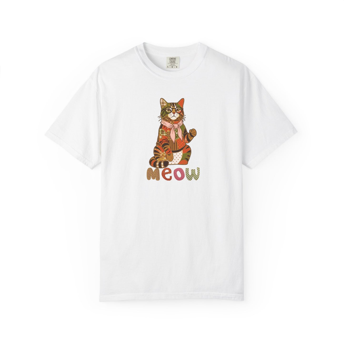 Cat Shirt – Patchwork Cat with Glasses Tee, "Meow" Cat Lover Gift