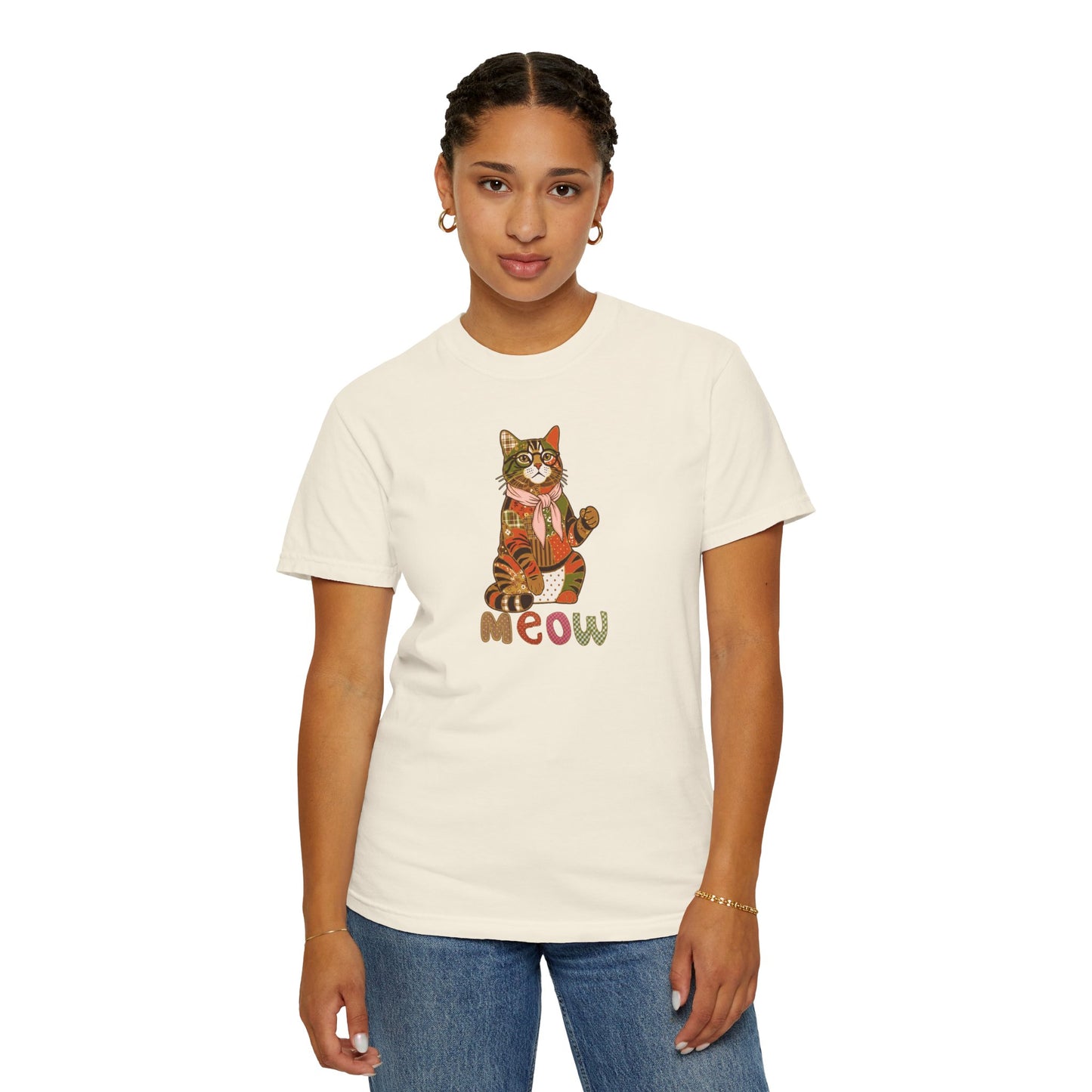 Cat Shirt – Patchwork Cat with Glasses Tee, "Meow" Cat Lover Gift