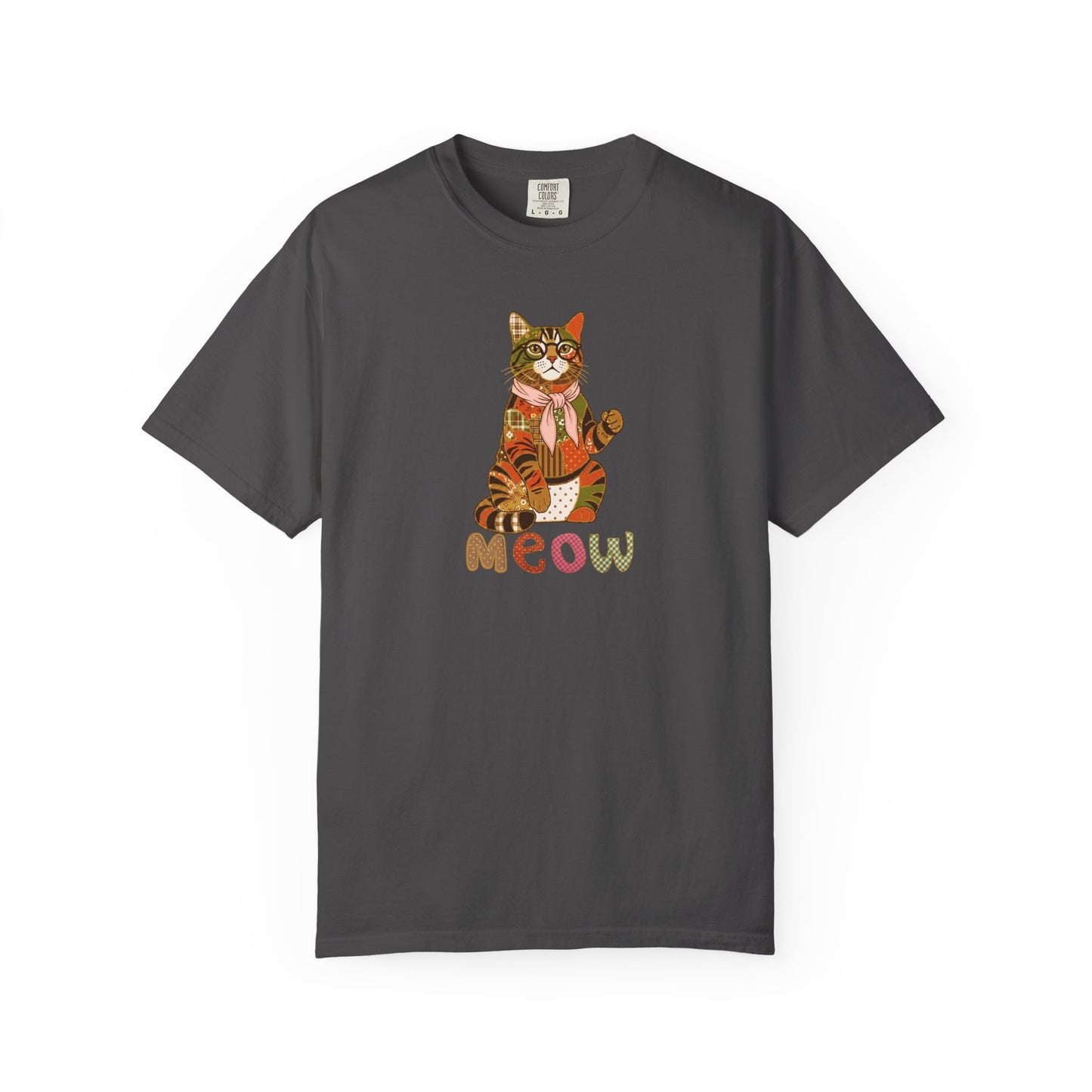 Cat Shirt – Patchwork Cat with Glasses Tee, "Meow" Cat Lover Gift