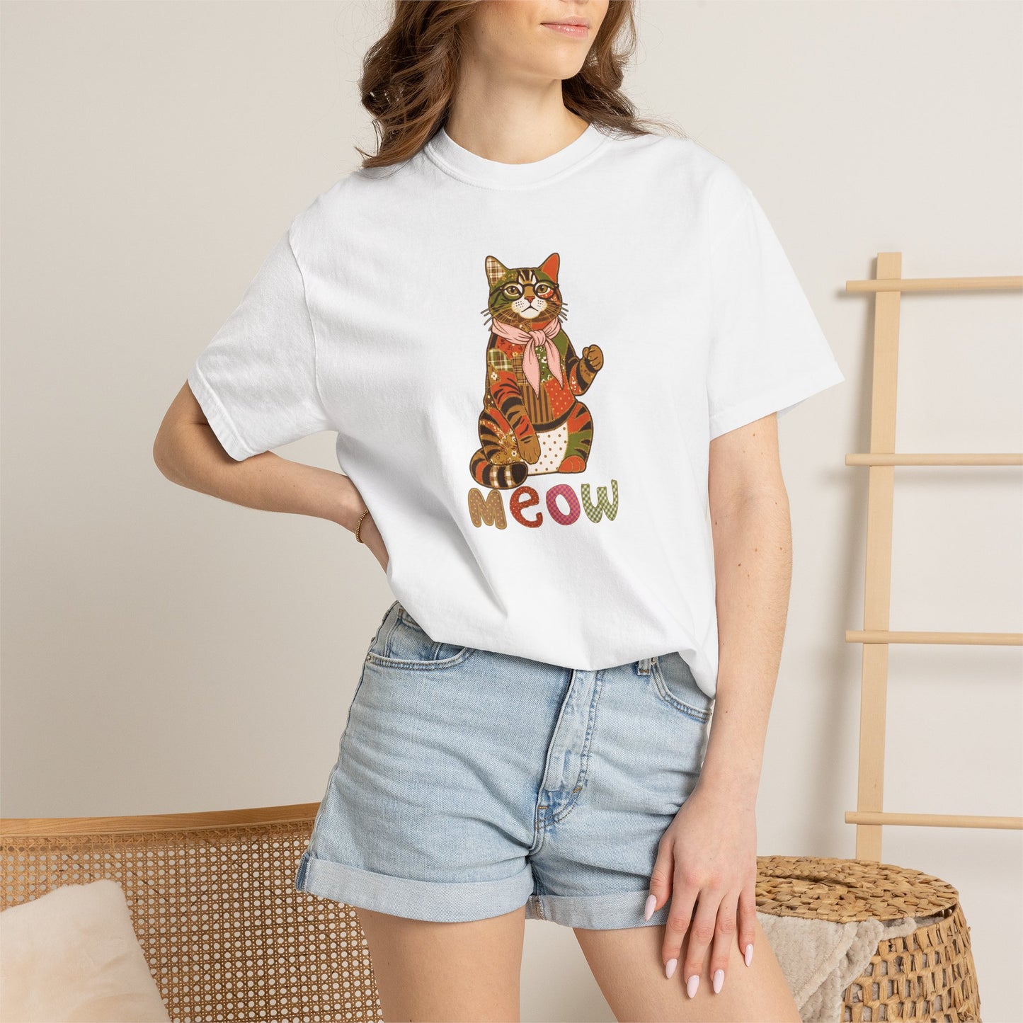 Cat Shirt – Patchwork Cat with Glasses Tee, "Meow" Cat Lover Gift
