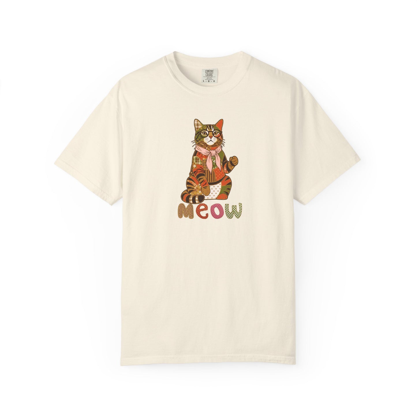 Cat Shirt – Patchwork Cat with Glasses Tee, "Meow" Cat Lover Gift