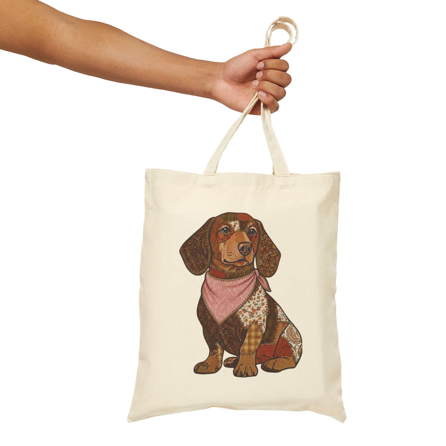 Faux Patchwork Dachshund Tote Bag, Wiener Dog Canvas Bag, Dog Mom Gift
