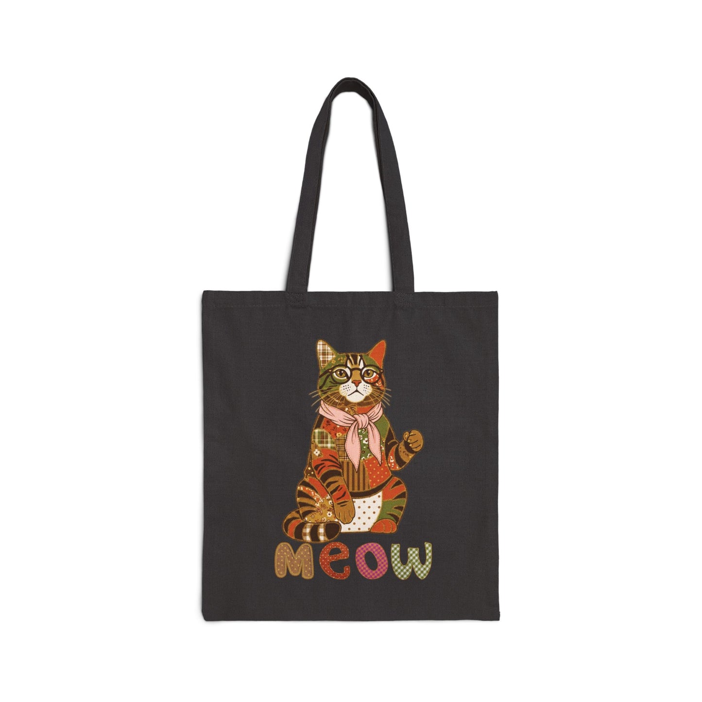 Cat Tote Bag – Patchwork Cat with Glasses Canvas Bag, "Meow" Cat Lover Gift