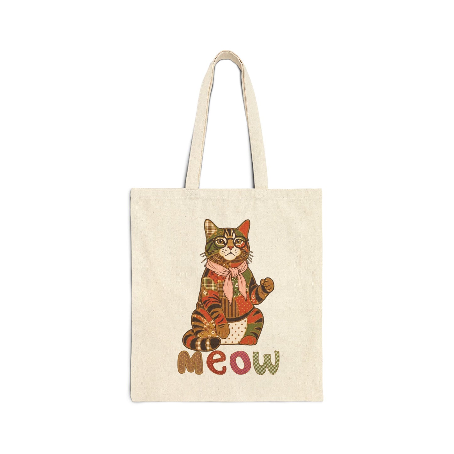 Cat Tote Bag – Patchwork Cat with Glasses Canvas Bag, "Meow" Cat Lover Gift