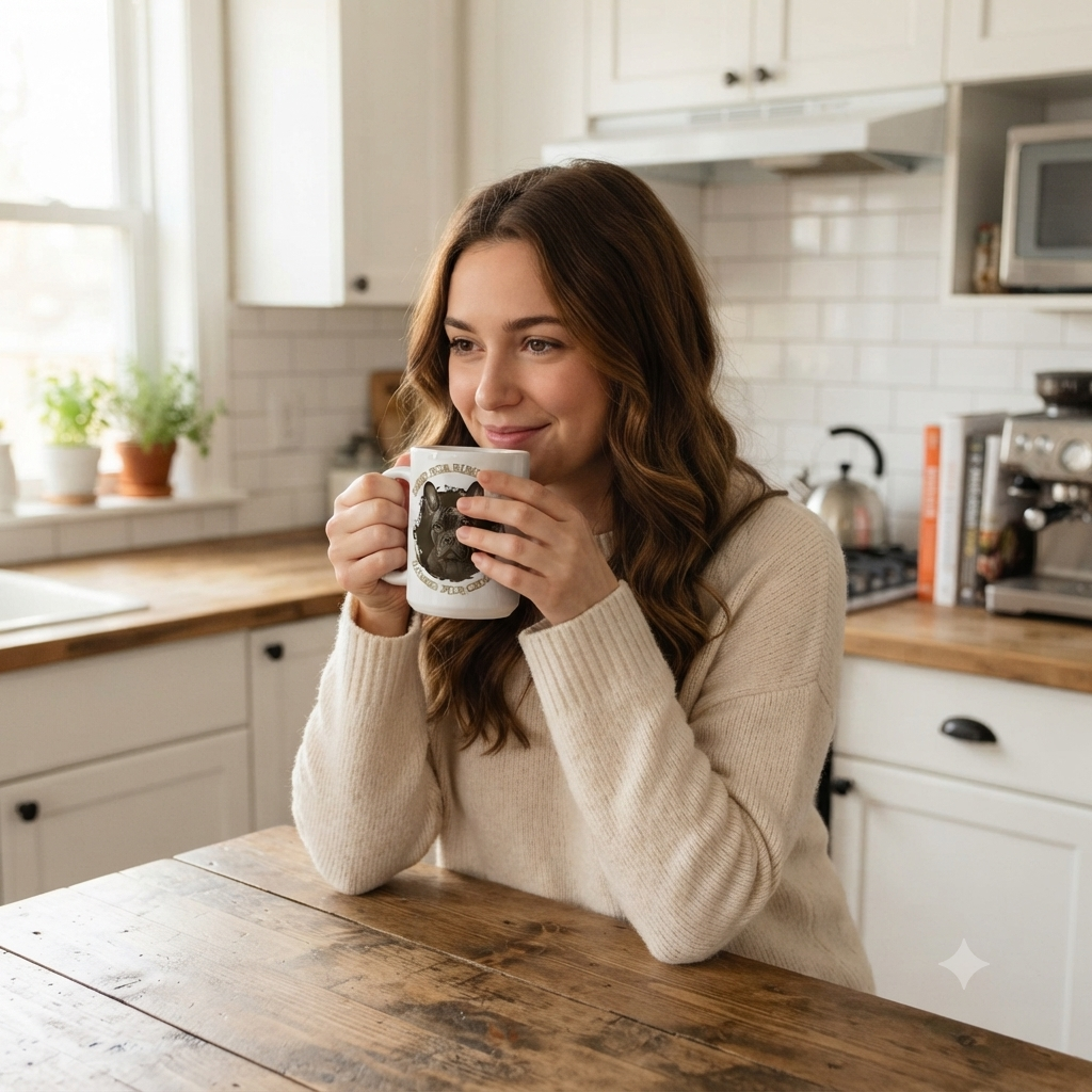 15oz white ceramic coffee mug featuring a portrait of a French Bulldog with the text Bred for Elegance, Raised for Chaos.