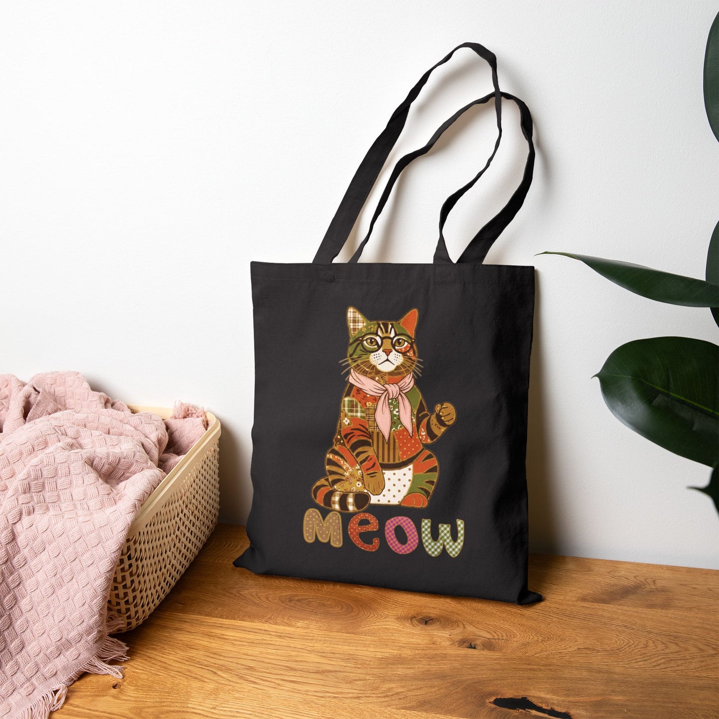Cat Tote Bag – Patchwork Cat with Glasses Canvas Bag, "Meow" Cat Lover Gift