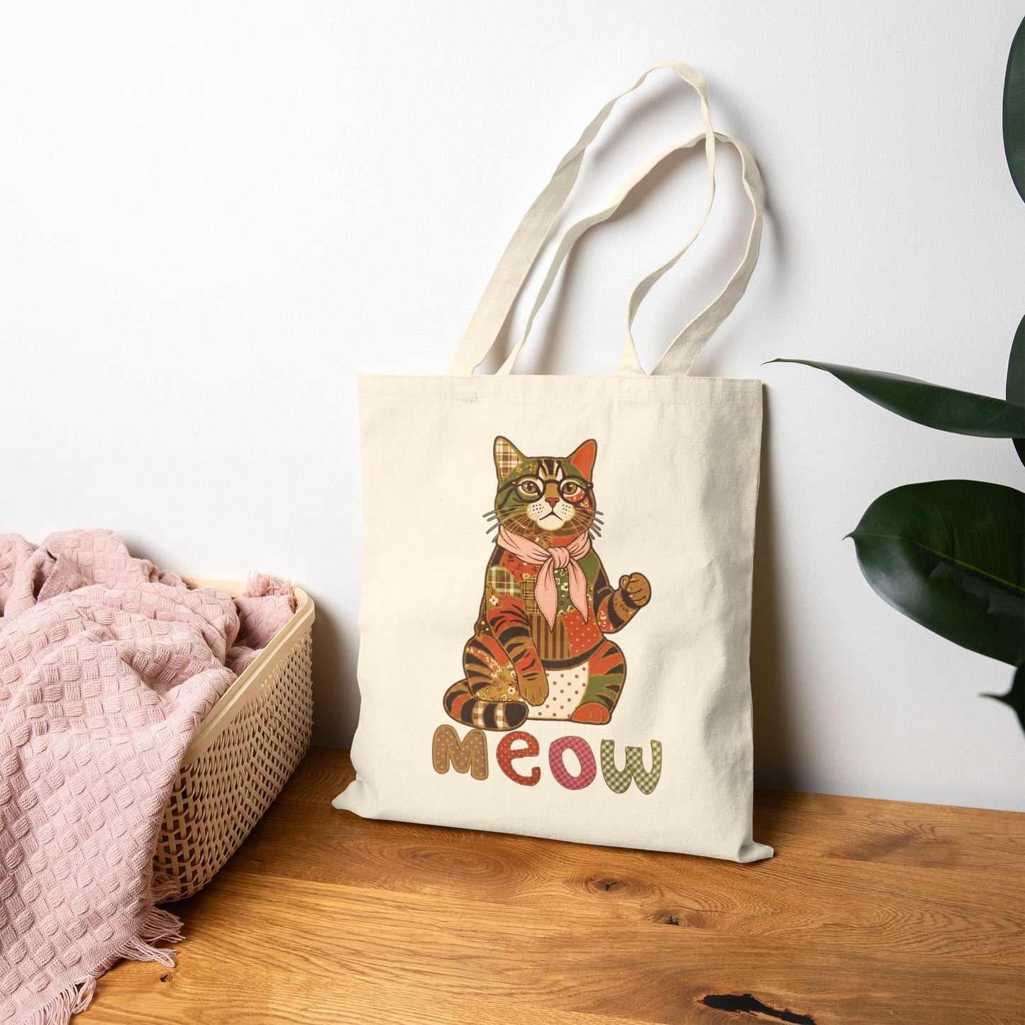 Cat Tote Bag – Patchwork Cat with Glasses Canvas Bag, "Meow" Cat Lover Gift