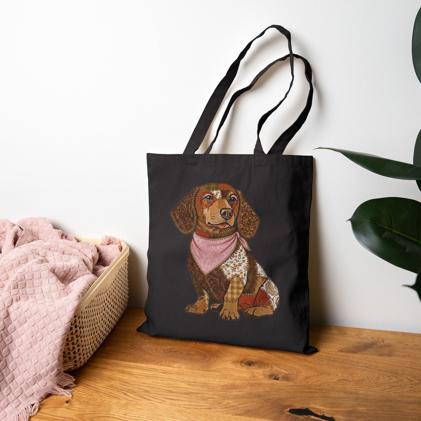Faux Patchwork Dachshund Tote Bag, Wiener Dog Canvas Bag, Dog Mom Gift