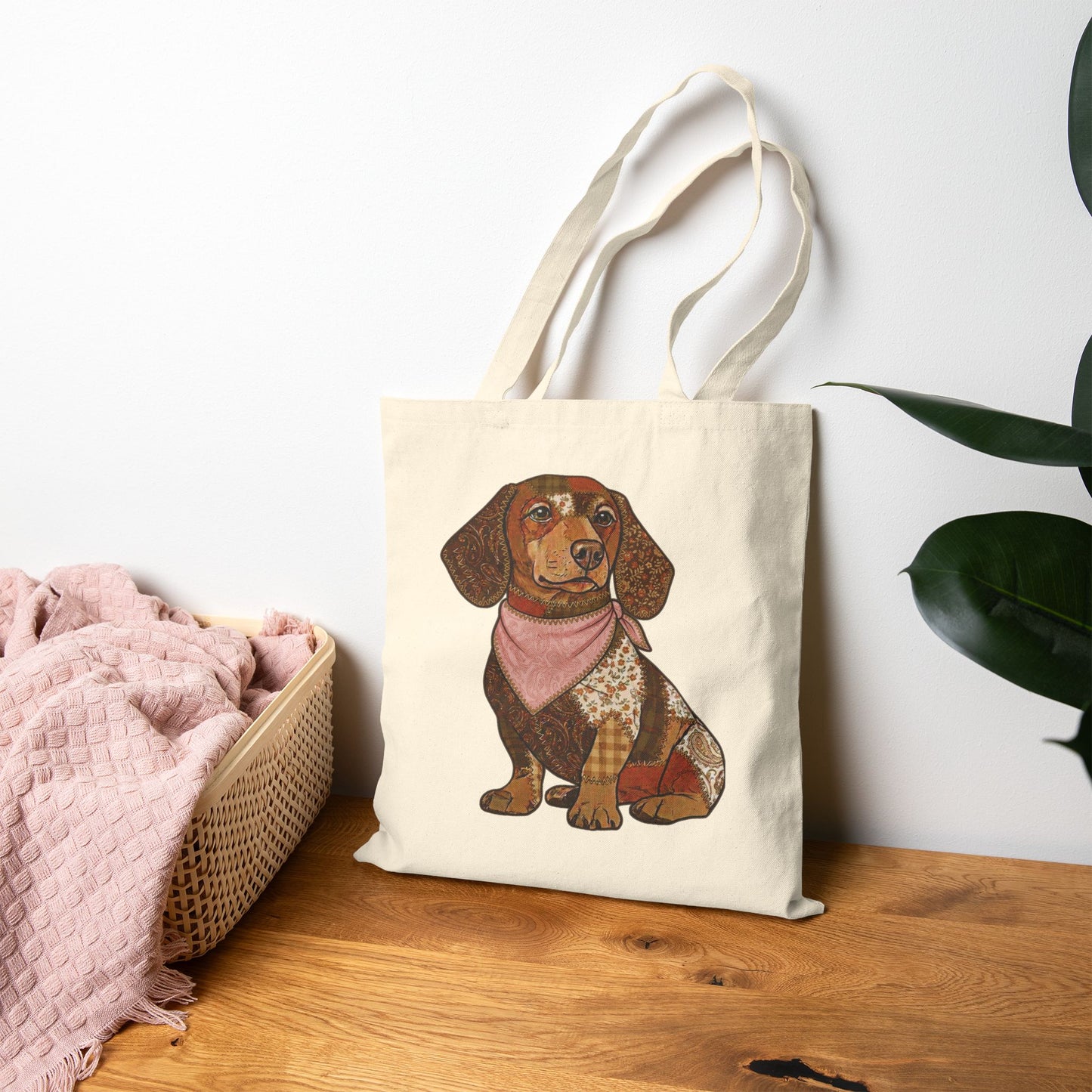 Faux Patchwork Dachshund Tote Bag, Wiener Dog Canvas Bag, Dog Mom Gift