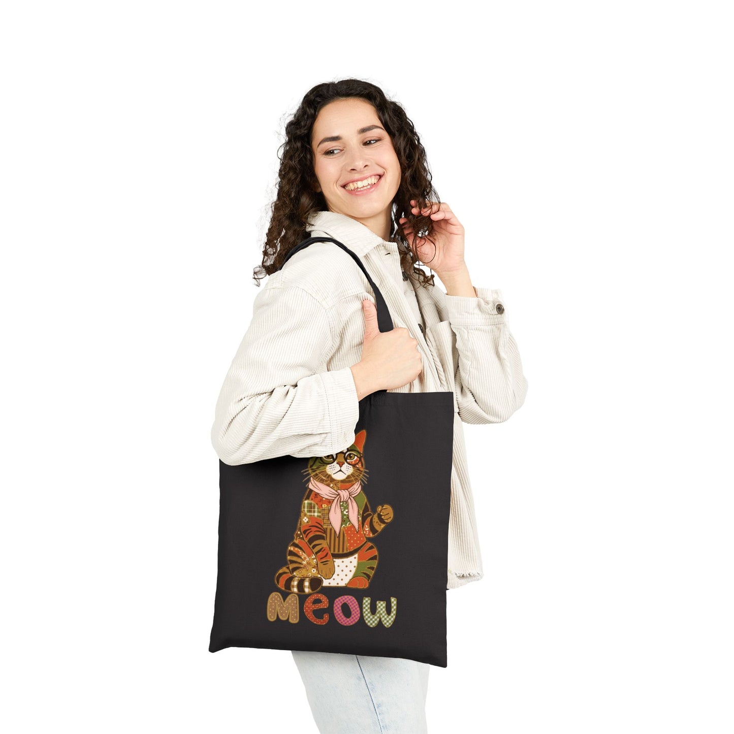 Cat Tote Bag – Patchwork Cat with Glasses Canvas Bag, "Meow" Cat Lover Gift