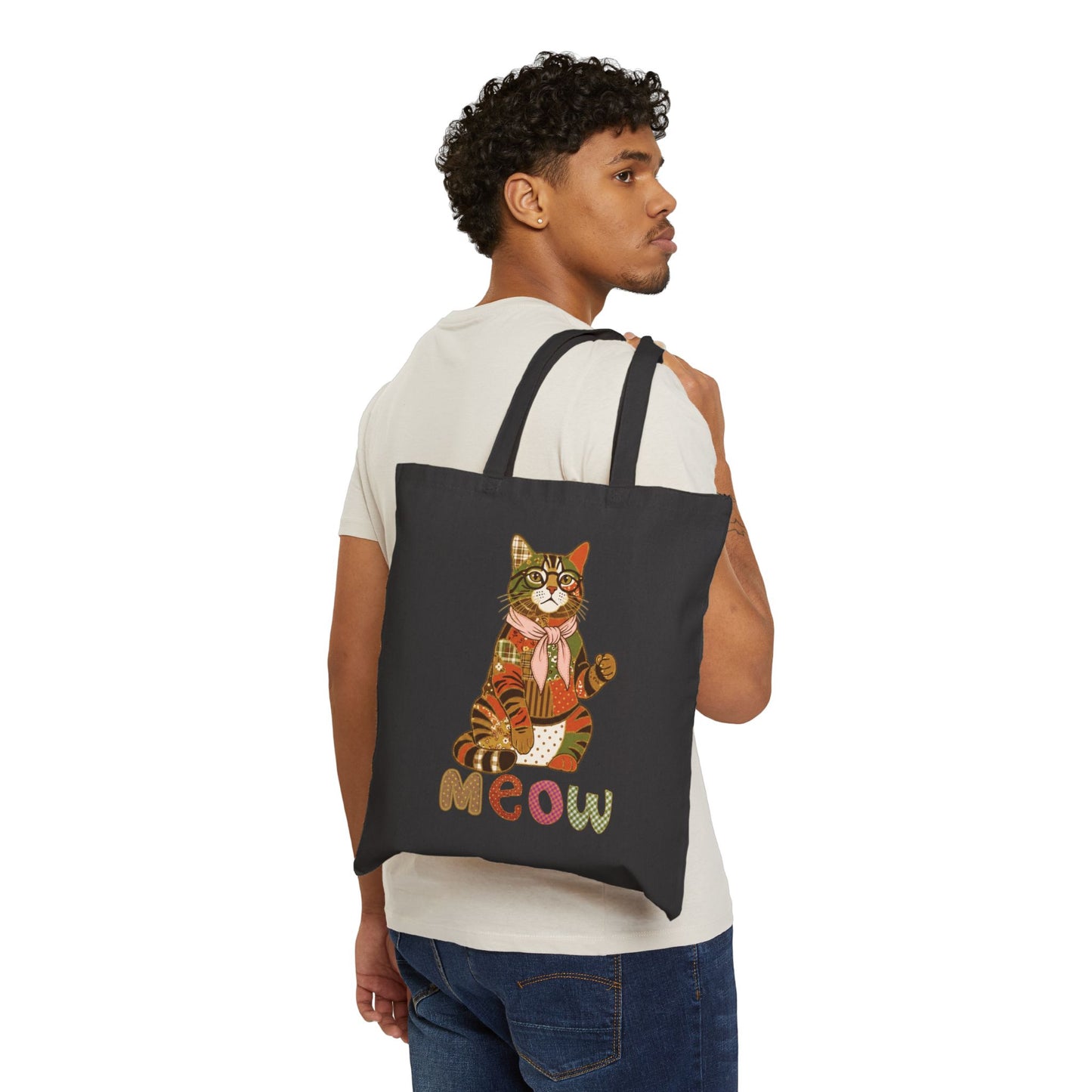 Cat Tote Bag – Patchwork Cat with Glasses Canvas Bag, "Meow" Cat Lover Gift