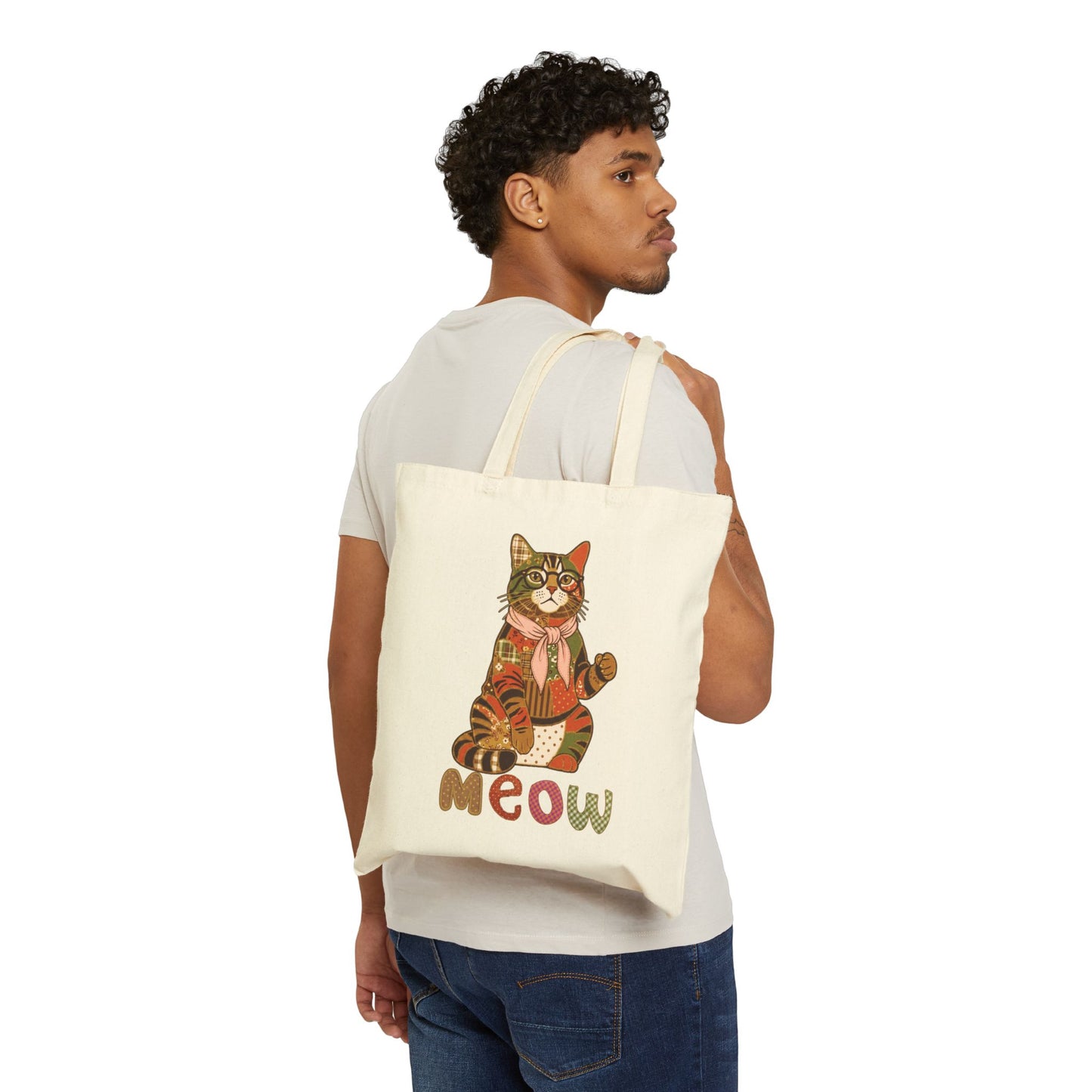 Cat Tote Bag – Patchwork Cat with Glasses Canvas Bag, "Meow" Cat Lover Gift
